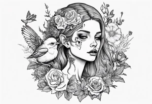 Elf carrying her dead bird in a flower medow tattoo idea