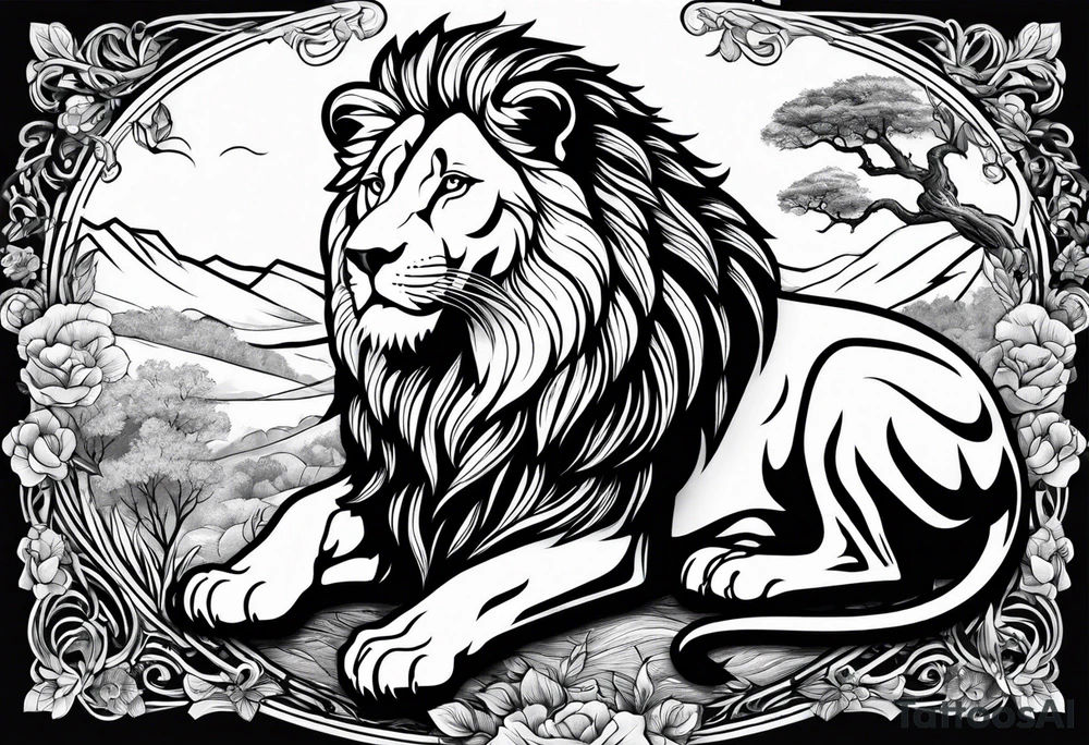 shoulder sleeve with lion and cub, landscape background tattoo idea