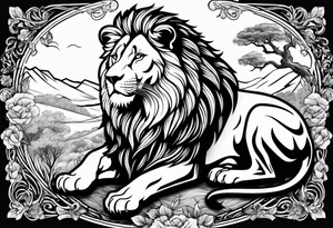 shoulder sleeve with lion and cub, landscape background tattoo idea