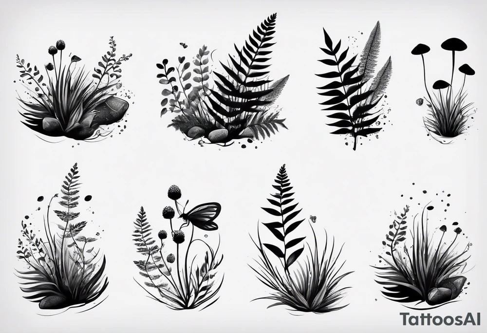 forest floor inspired minimalist tattoo, which includes grass, curly ferns and dead leaves as the bulk of the tattoo. details to include: three very tiny strawberries, a tiny bumblebee flying nearby, three small brown mushrooms tattoo idea