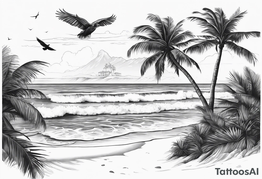 Beach with an ocean in the background with one big palm tree. On the beach there are 2 dogs. In the air there will be a couple birds flying tattoo idea