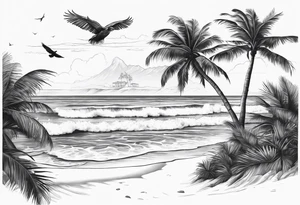 Beach with an ocean in the background with one big palm tree. On the beach there are 2 dogs. In the air there will be a couple birds flying tattoo idea