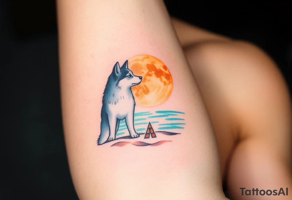 smALL HUSKY LOOKING AT A TRIBAL MOON STANDONG IN THE SAND IN THE SEA WITH THE CONSTALATION OF SAGITARIUS PUT COLOR ADD ARROW tattoo idea