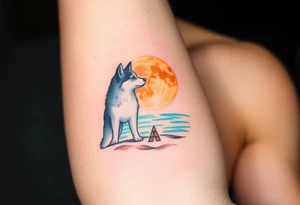 smALL HUSKY LOOKING AT A TRIBAL MOON STANDONG IN THE SAND IN THE SEA WITH THE CONSTALATION OF SAGITARIUS PUT COLOR ADD ARROW tattoo idea