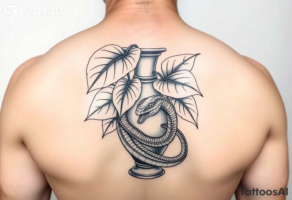 Large Decorative ornamental
 vase with large philodendron leaves with a snake wrapped around showing the head of the snake tattoo idea