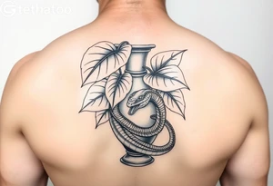 Large Decorative ornamental
 vase with large philodendron leaves with a snake wrapped around showing the head of the snake tattoo idea