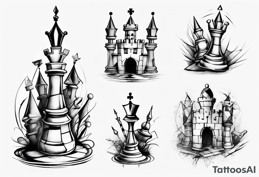 a castle from chess that is mostly sketched out tattoo idea
