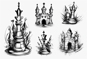 a castle from chess that is mostly sketched out tattoo idea