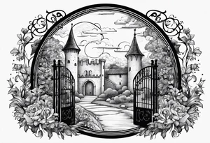 night medieval town garden open gate entrance 
 in circle vignette surrounded by clouds floral tattoo idea