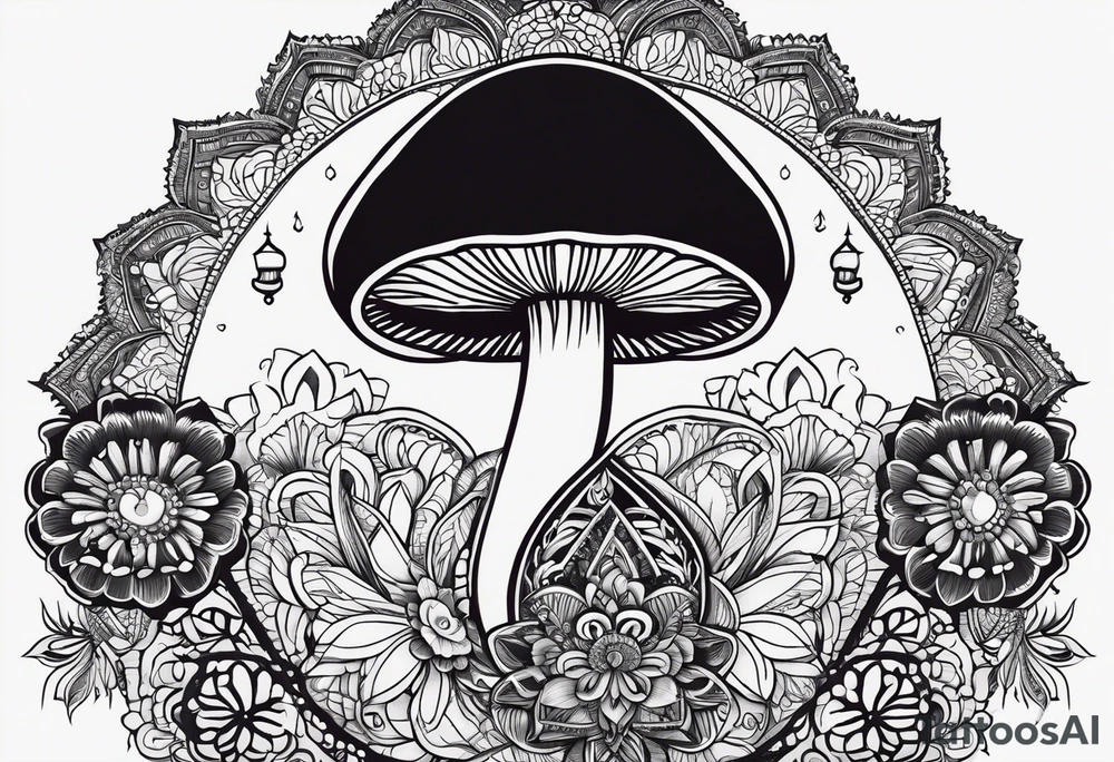 Black mushroom tattoo with henna style mandala design surrounding it tattoo idea