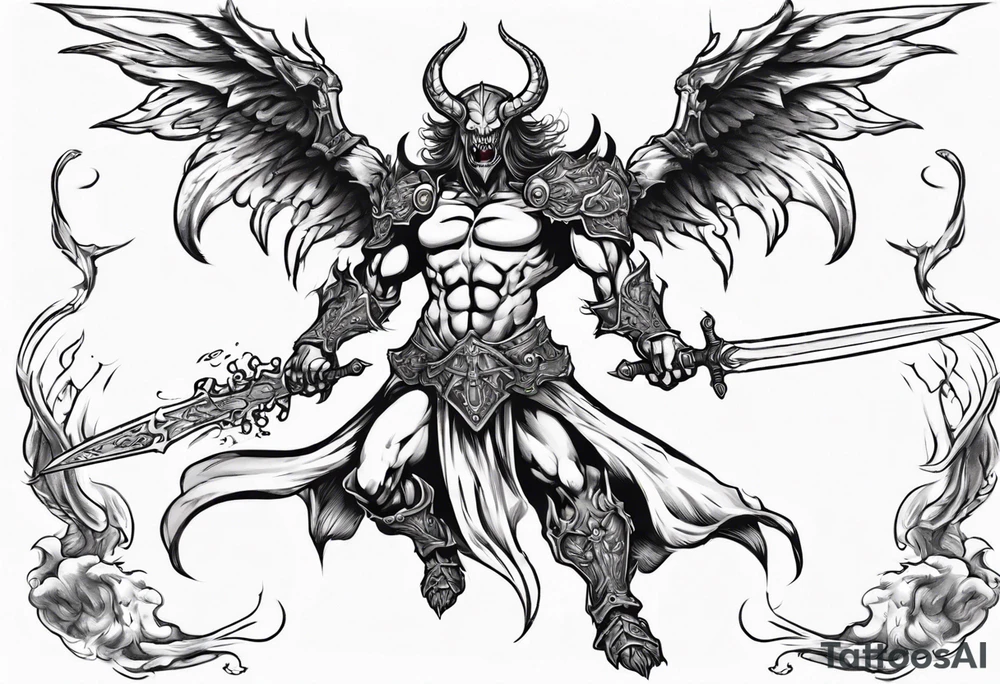 A demon angel wearing organic armor that is in mid-air with his two-handed sword behind them about to attack. tattoo idea