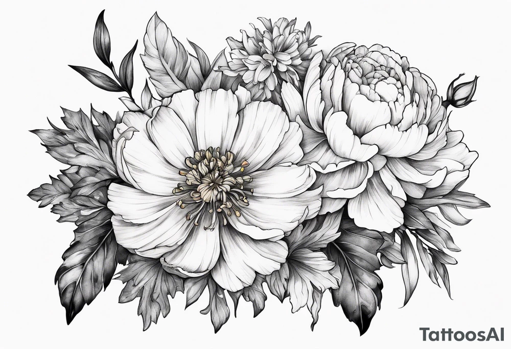 A stemless marigold, peony, and narcissus tattoo idea