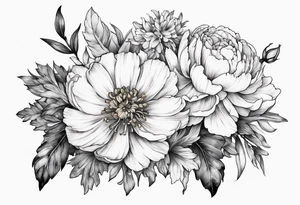 A stemless marigold, peony, and narcissus tattoo idea