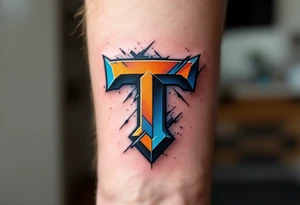 A graffiti-style "T" in bright orange and electric blue with sharp angles. tattoo idea