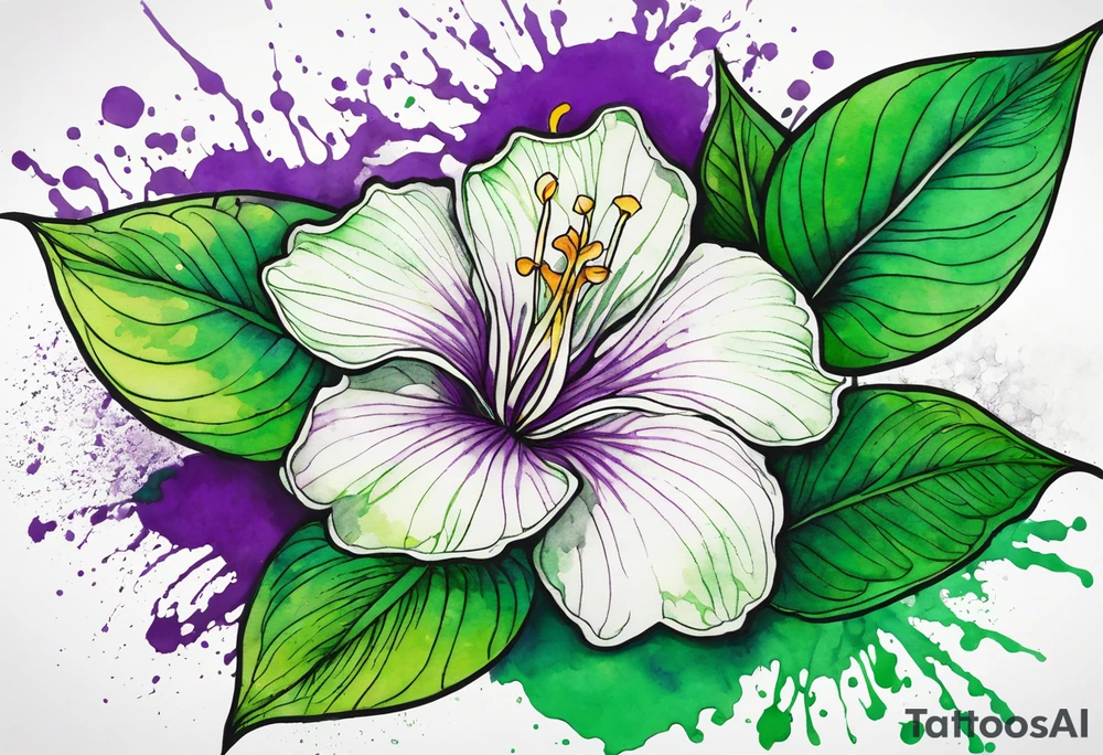 An outline of an only green rio dipladenia flower and a green and purple watercolor splash in the background tattoo idea