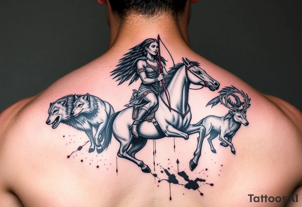 Native warrior women riding a horse with a strong bow and arrow, Surrounded by wolves & deer & blood splatter tattoo idea