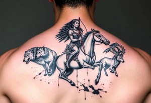 Native warrior women riding a horse with a strong bow and arrow, Surrounded by wolves & deer & blood splatter tattoo idea