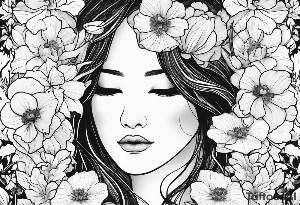 Female  no face from behind outline surrounded by carnations
snow drops, iris, poppies, cosmos, and narcissus tattoo idea