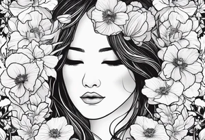 Female  no face from behind outline surrounded by carnations
snow drops, iris, poppies, cosmos, and narcissus tattoo idea