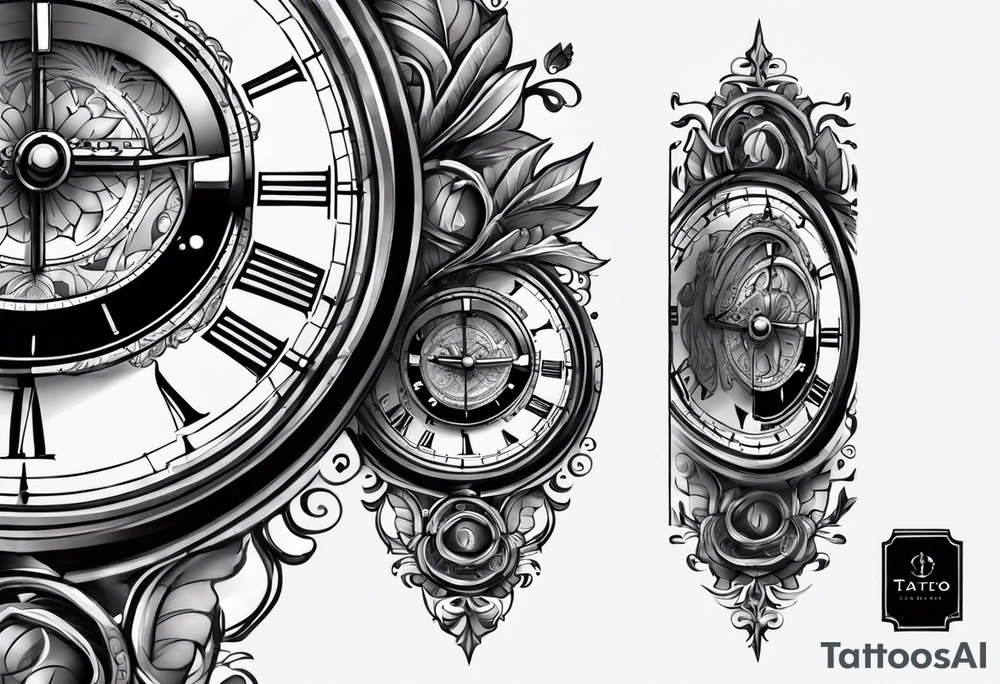 Une horloge mécanique avec sa chaîne enroulée autour d’un sablier en noir et gris sur l’avant-bras. À adopter ! tattoo idea
