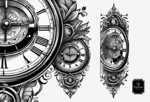 Une horloge mécanique avec sa chaîne enroulée autour d’un sablier en noir et gris sur l’avant-bras. À adopter ! tattoo idea