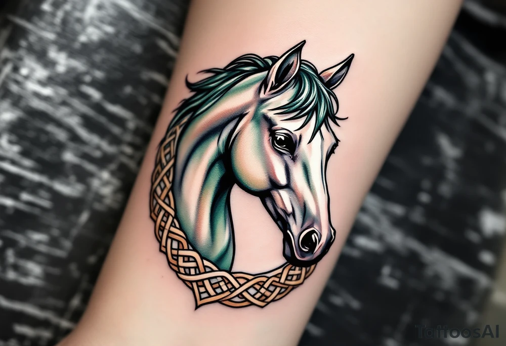 Celtic Horse Head – A sleek horse head framed in Celtic knotwork, detailed in black and deep green ink with muted earthy tones. tattoo idea