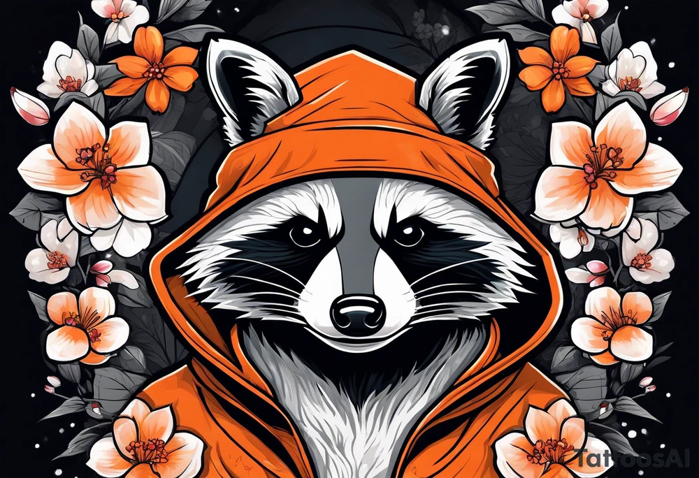 Raccoon wearing a white Superman logo on a black hoodie and orange Japanese cherry blossoms beside tattoo idea