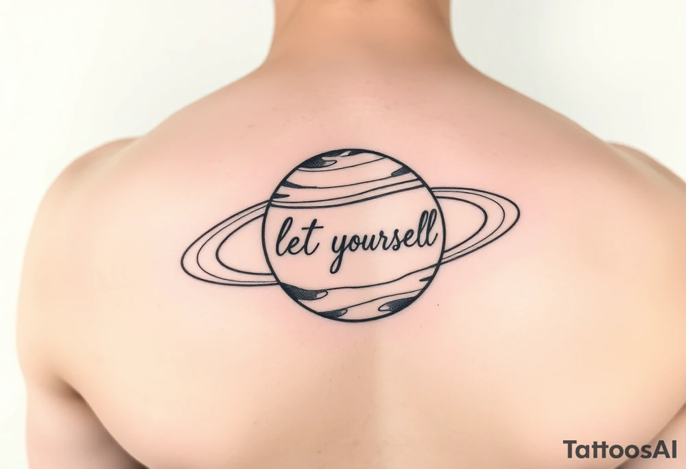 Minimalistic saturn planet, but the text «let yourself» is placed inside saturns rings tattoo idea