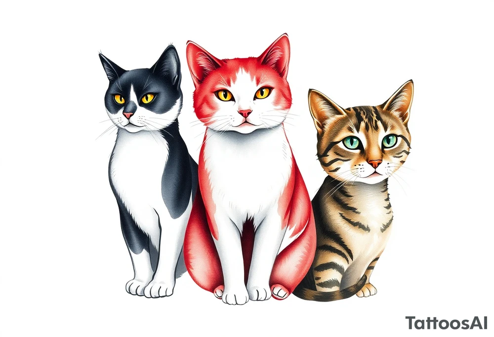 three cats, one black and white cat, one red and white cat and one tabby cat tattoo idea