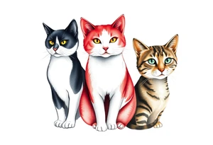 three cats, one black and white cat, one red and white cat and one tabby cat tattoo idea