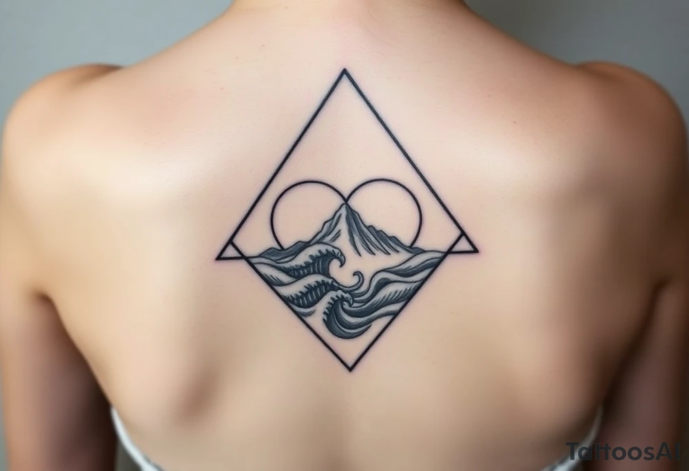 A triangle with a big heart in the center with an ocean mountain theme tattoo idea