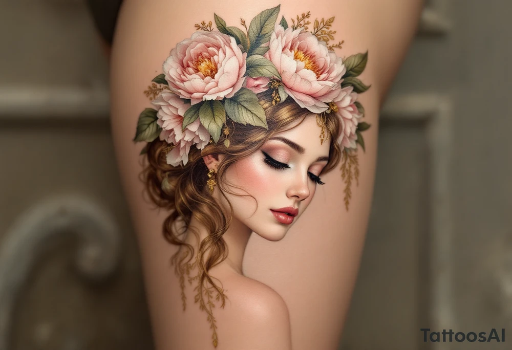 Alfons Mucha’s romantic vision of femininity, dressed in soft gold with a crown of dusty pink peonies and olive filigree. tattoo idea