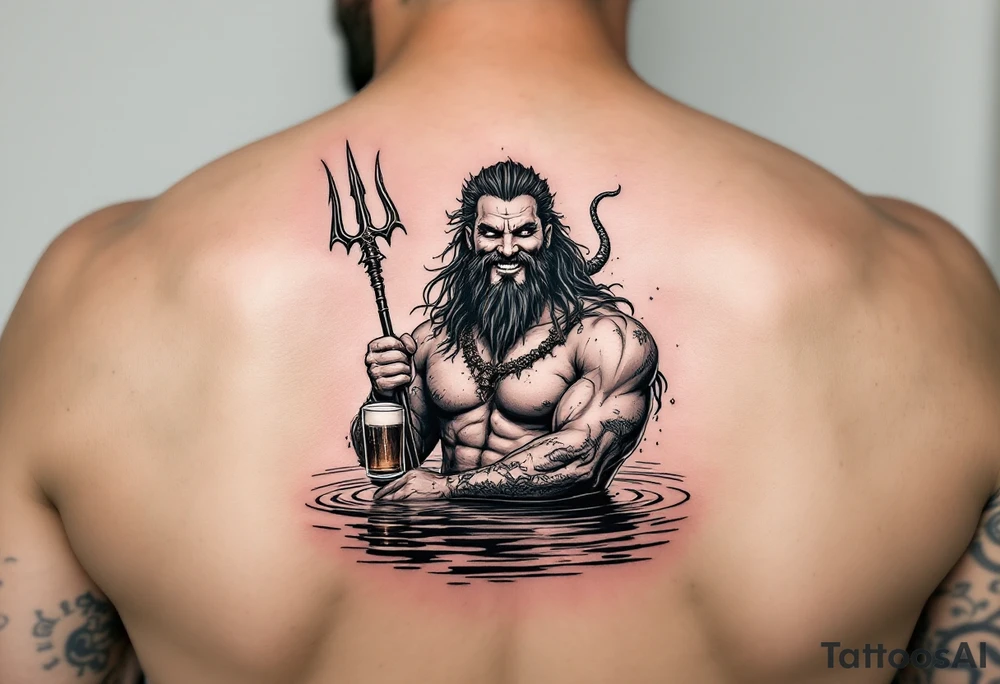 smiling poseidon in calm water, holding a trident, holding a beer tattoo idea