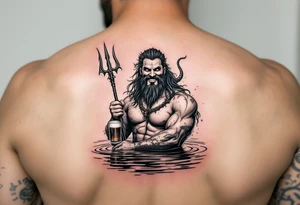 smiling poseidon in calm water, holding a trident, holding a beer tattoo idea