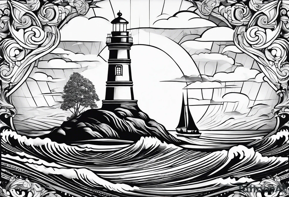 sailboat sail patched in such a way that it resembles a maritime lighthouse. tattoo idea