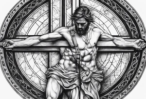 Crucified man in rom
an numerals circle tattoo idea