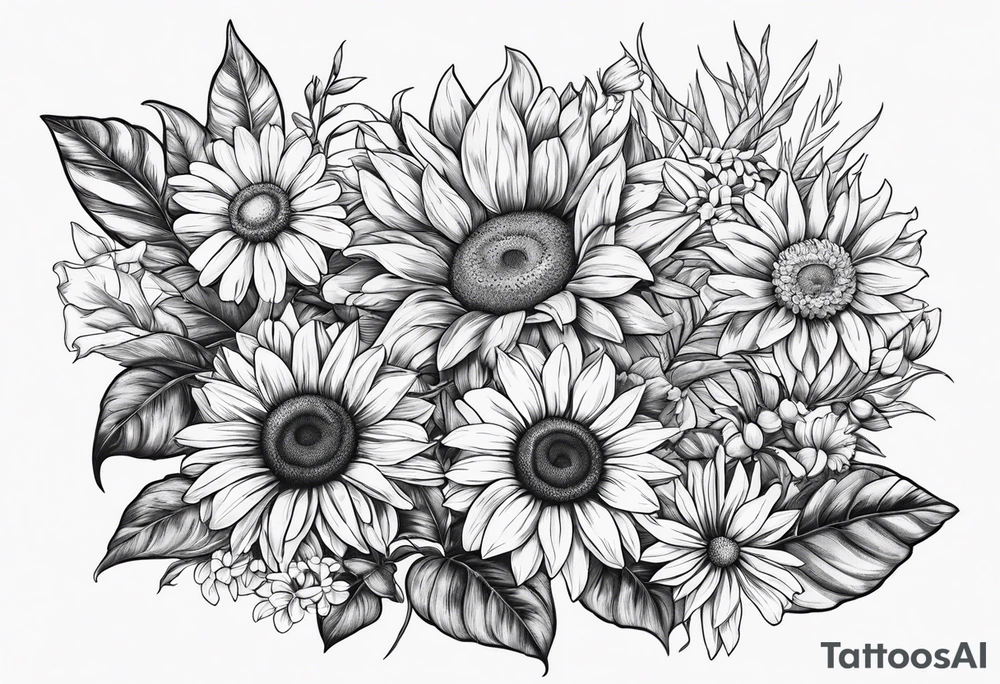 7 leaf pot leaf, daisies, and sunflowers cluster tattoo idea