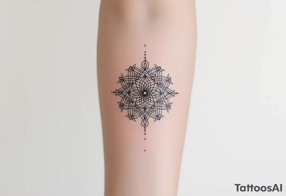 simple, fine-line tattoo, sacred geometry mandala, centerpiece design, dotwork patterns, radiating geometry, symmetrical mandala, geometric shapes, intricate dotwork, sacred patterns, mandala center, geometric radiating, fine line work, black grey shading, minimalist design, no outlines, arm placement, delicate linework, precise geometry, clean symmetry, sacred symbols, geometric precision, dotwork details, mandala focal point, refined patterns, understated complexity, geometric harmony tattoo idea