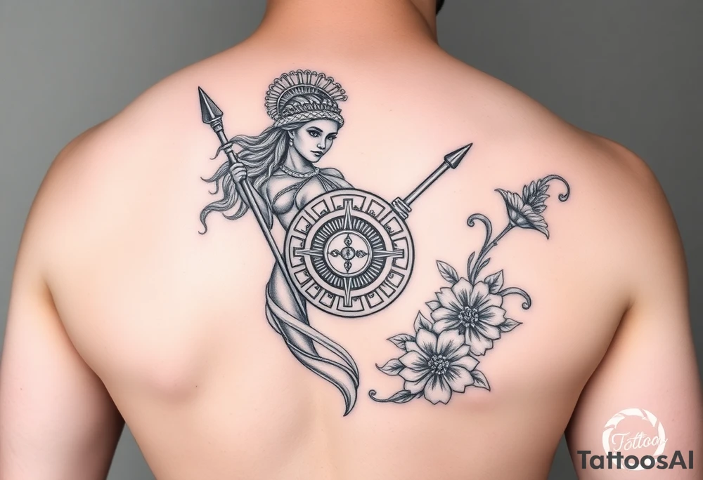 The goddess Athena with her Medusa shield and spear surrounded by Greek flourished designs on right arm sleeve tattoo idea