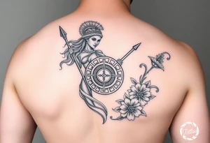 The goddess Athena with her Medusa shield and spear surrounded by Greek flourished designs on right arm sleeve tattoo idea