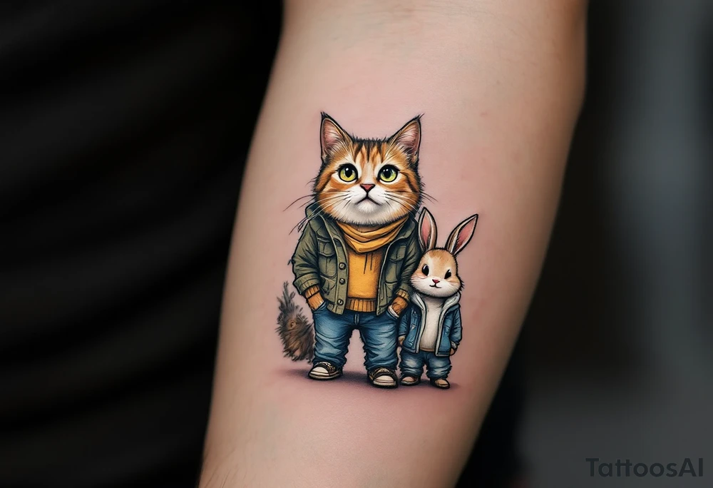 A cartoon cat, a loyal dog, and a tiny bunny dressed on casual human clothes tattoo idea