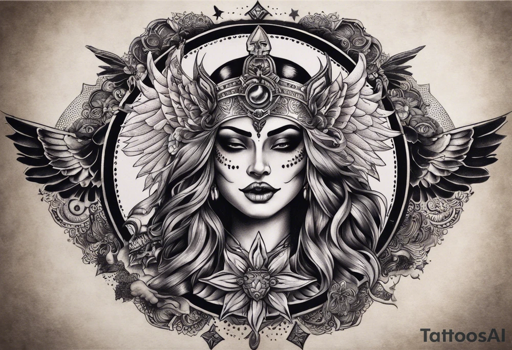 black kali, goddess pirate, alien, angel, pachamama, valkrye, warrior, flying, skull, lotus azul, wing, eagle, zenza resonance, stars, 5D, anahata chakra, death, durga, riding on a tiger, flying lady, kundalini, chest tatoo tattoo idea