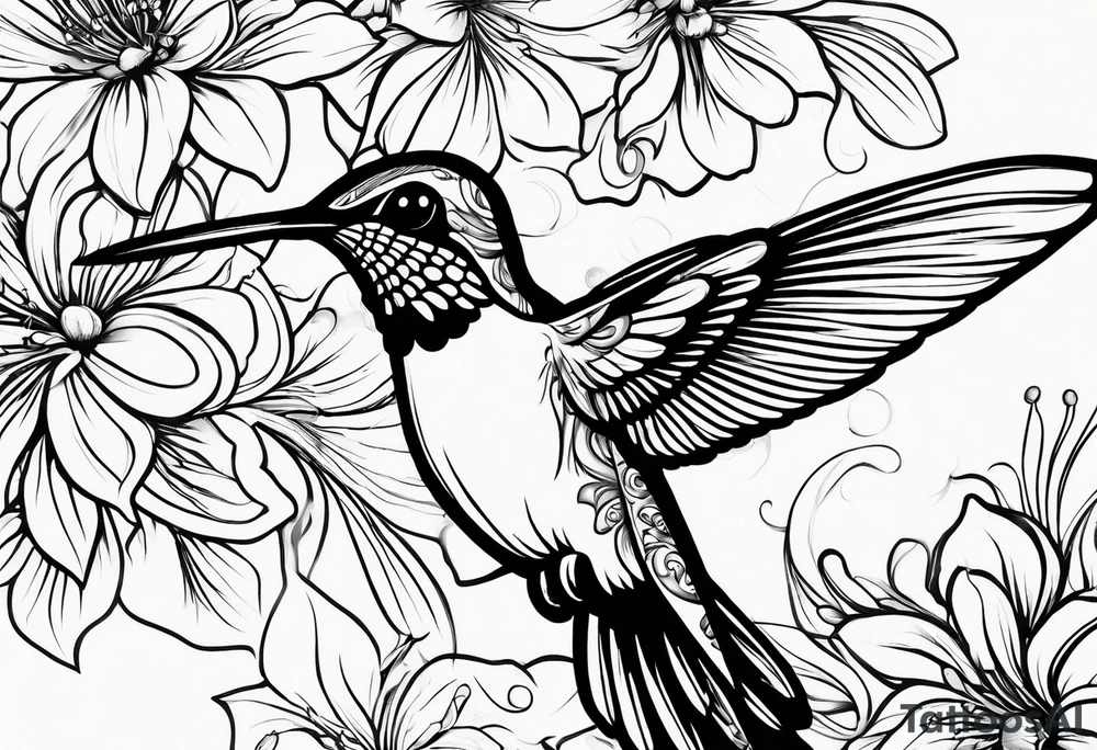 A lively hummingbird in mid-flight, sipping nectar from a flower, representing joy and energy.” tattoo idea