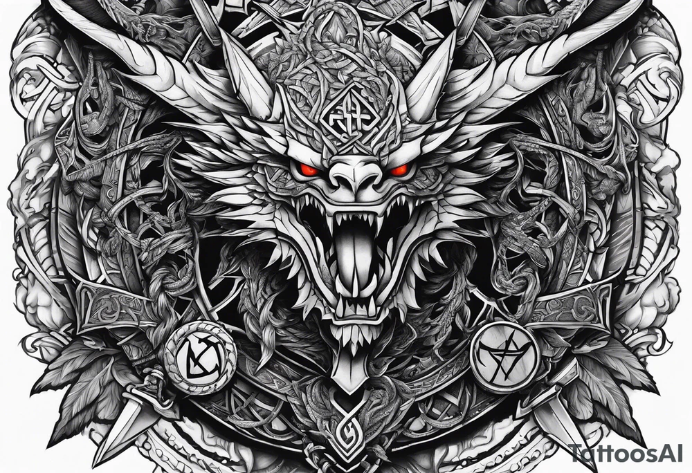 Valhalla sword shield dragon axe Valknut barbed wire chains tattoo idea
