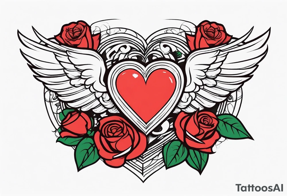winged heart and roses tattoo idea