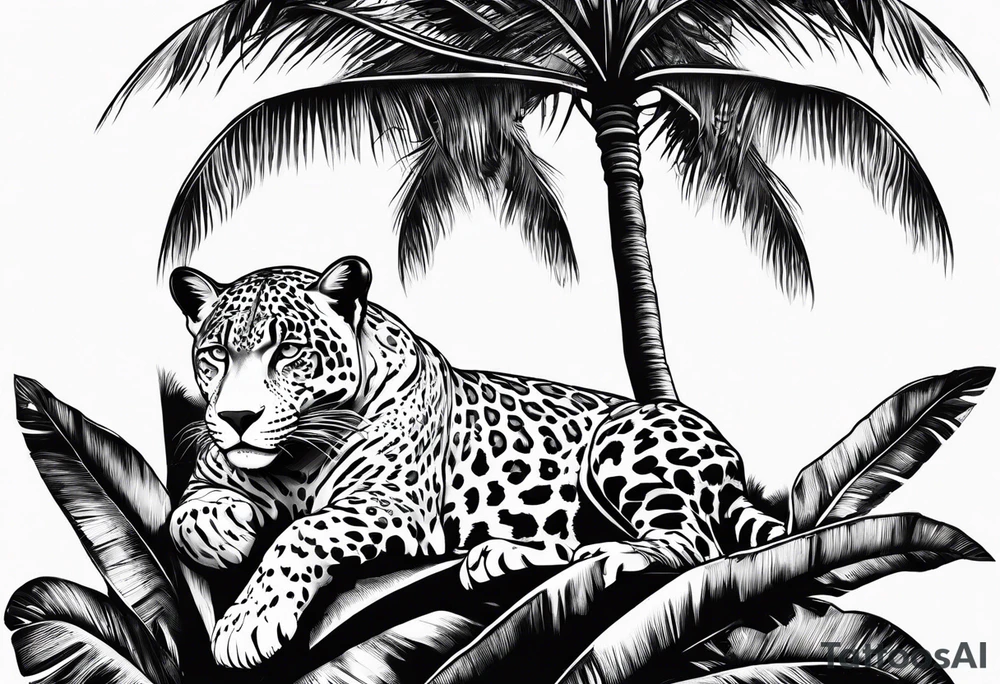 jaguar laying on palm tree tattoo idea