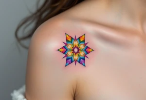 A rainbow-colored eight-pointed star tattoo celebrates inclusivity and universal love. tattoo idea