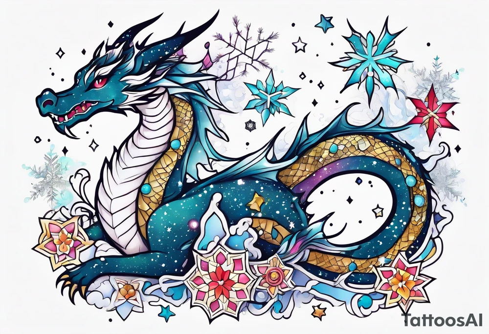 Constellation, kawaii dragon, snowflake tattoo idea
