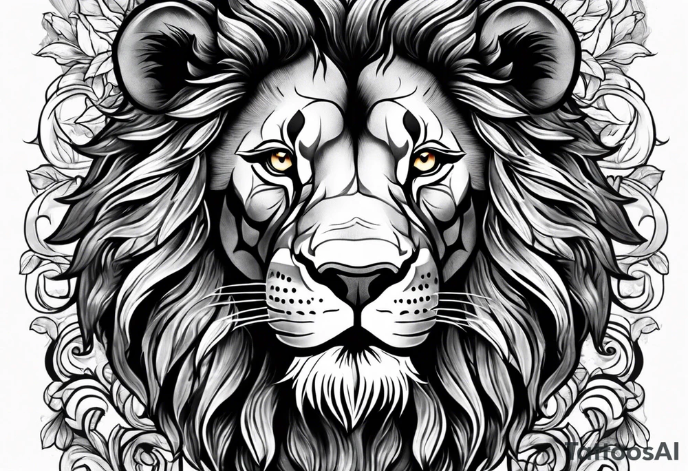 A lion surrounded by fire in full color tattoo idea