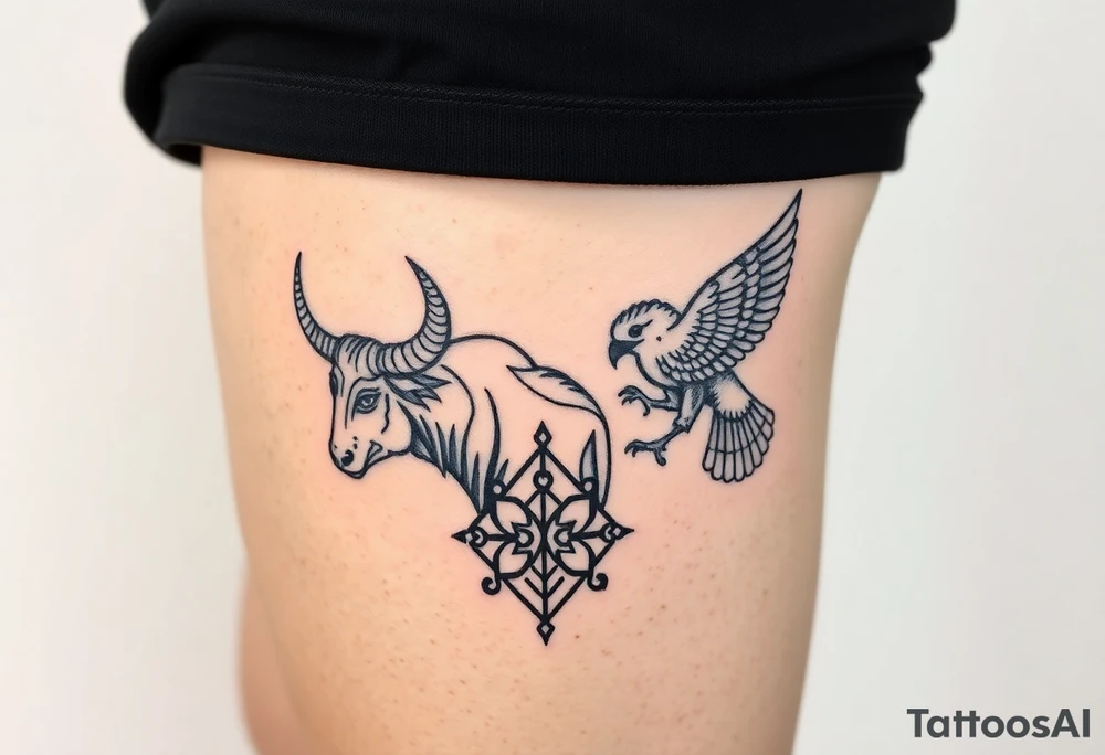 A bull and a falcon  with ancient Egyptian mythology, as ruled by Venus in western zodiac, tattoo idea